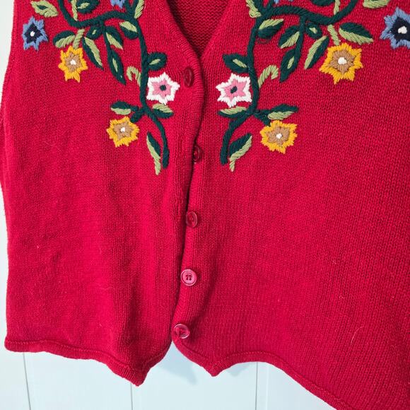 Vintage Sweater Vest Pronto Gold Floral Embroidered Red Knit Buttons L - Picture 5 of 8